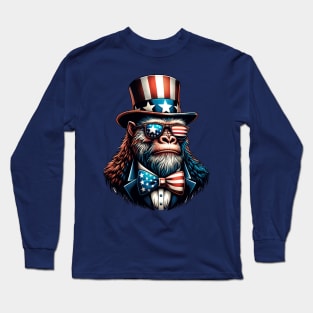 Bigfoot Uncle Sam Hat Sunglasses American Flag 4th of July Long Sleeve T-Shirt